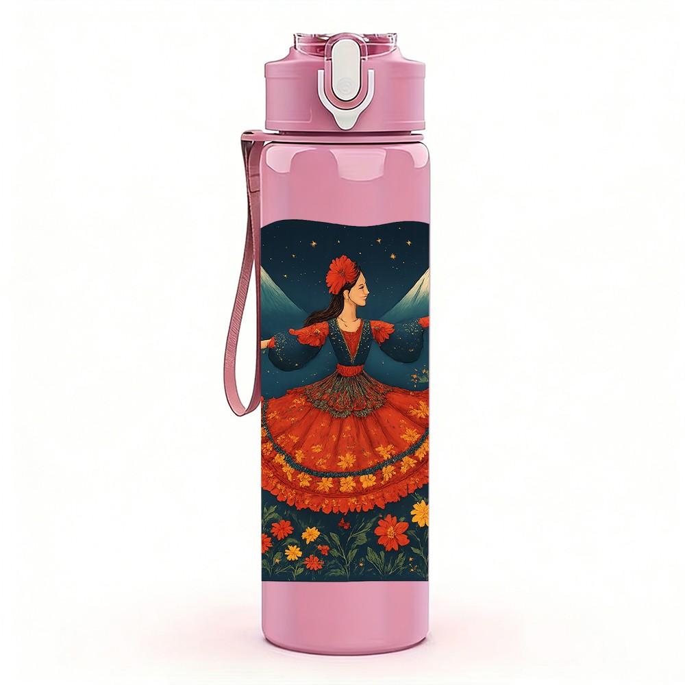 1PC Folk Art Colorful Mask Square 750ml Color Plastic Sports Water Bottle Leakproof Flip Straw Lid Suitable for Sports Office Home Use