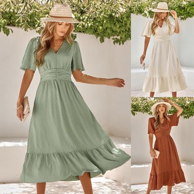 2023 V-Ausschnitt Rüschenärmel Einfarbig Sommerkleid für Damen - Lässiger Europäischer & Amerikanischer Stil