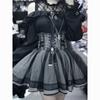 Japoński Styl Gotycki Y2k Lolita Zestaw Spódnic Damski Koronkowy Odkryty Ramiona Kokardka Bluzka Kratka Spódnice z Wysokim Stanem Mundurek JK Kostium na Imprezę Tematyczną