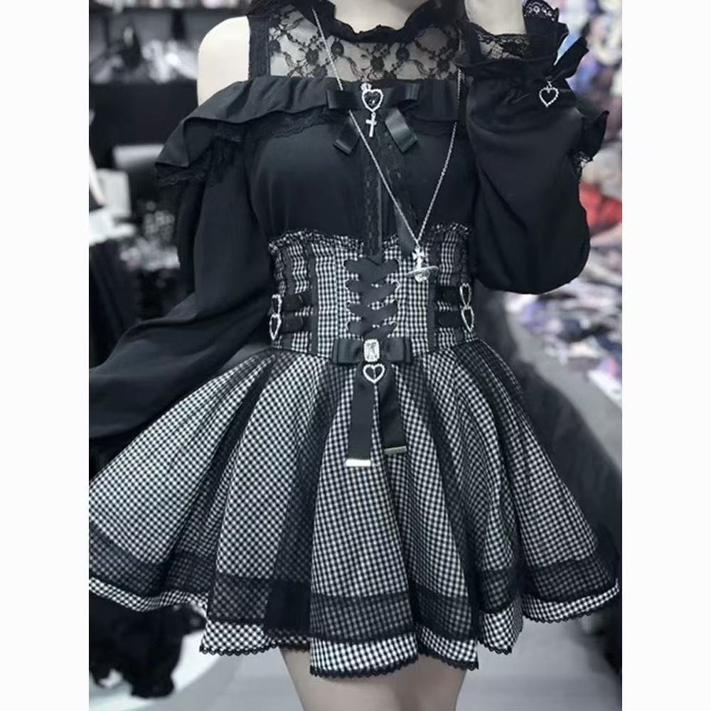 Japoński Styl Gotycki Y2k Lolita Zestaw Spódnic Damski Koronkowy Odkryty Ramiona Kokardka Bluzka Kratka Spódnice z Wysokim Stanem Mundurek JK Kostium na Imprezę Tematyczną