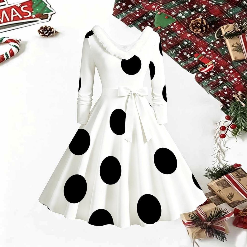 Women Polka Dot Print Midi Dress, Long Sleeve V‑Neck Furry Trim A‑Line Party Dress, Christmas Limited Edition