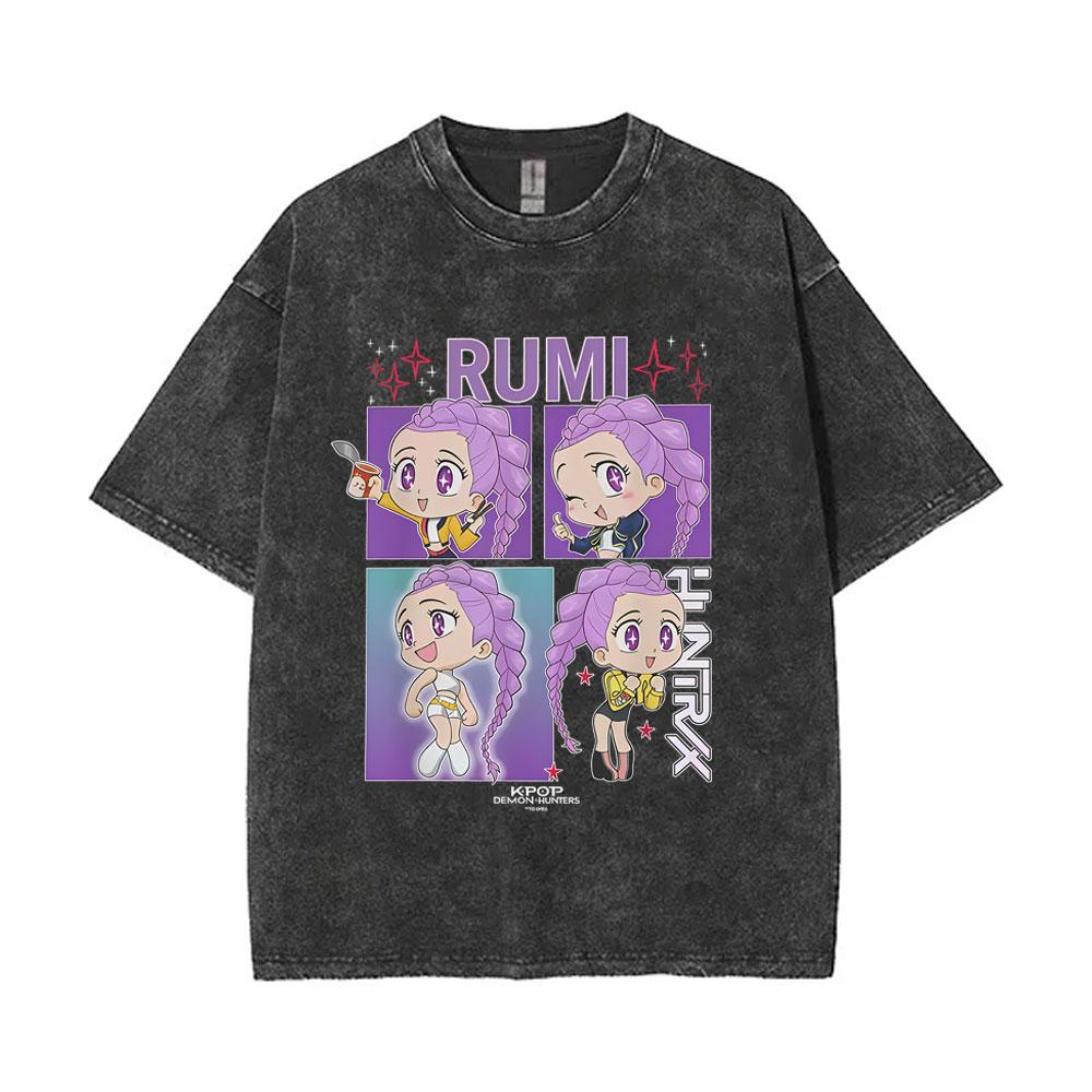 Washed Vintage Kpop Demon Hunters T-shirt Rumi Mira Zoey Saja Boys Derpy Tiger T Shirt Men Women Oversized Tshirt