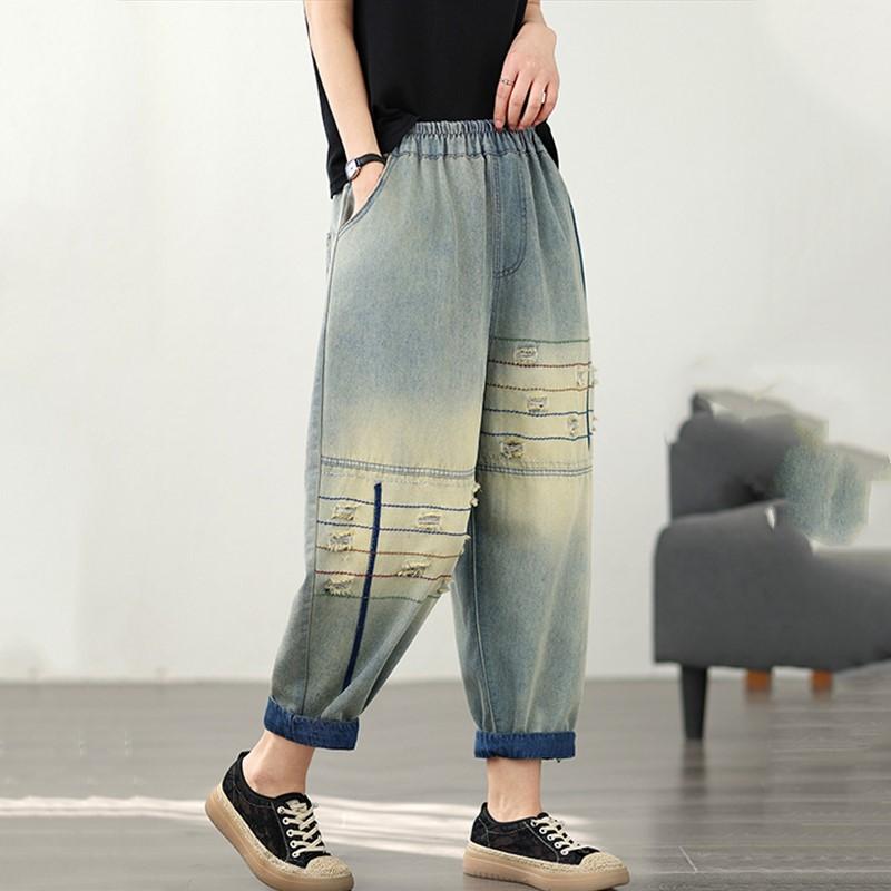 Übergröße dünn Vintage Stickerei Loch hohe Taille lässig locker Damen Sommer Jeans Denim Haremshose