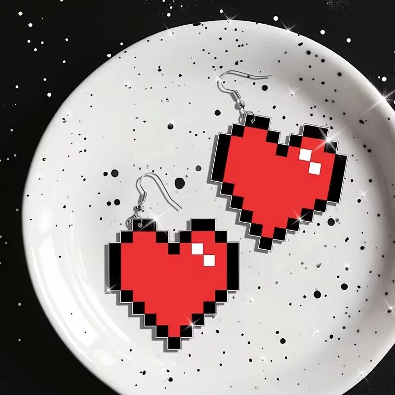 Retro game pixel art design love earrings flat acrylic Valentine's Day atmosphere decorative earrings