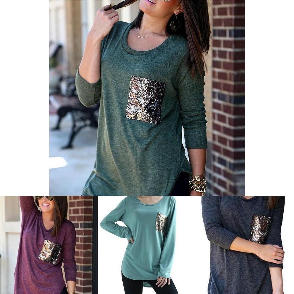 Long Sleeved Tshirt Long Sleeve Blouse Tshirt Pocket Jacket Sequin Glitter
