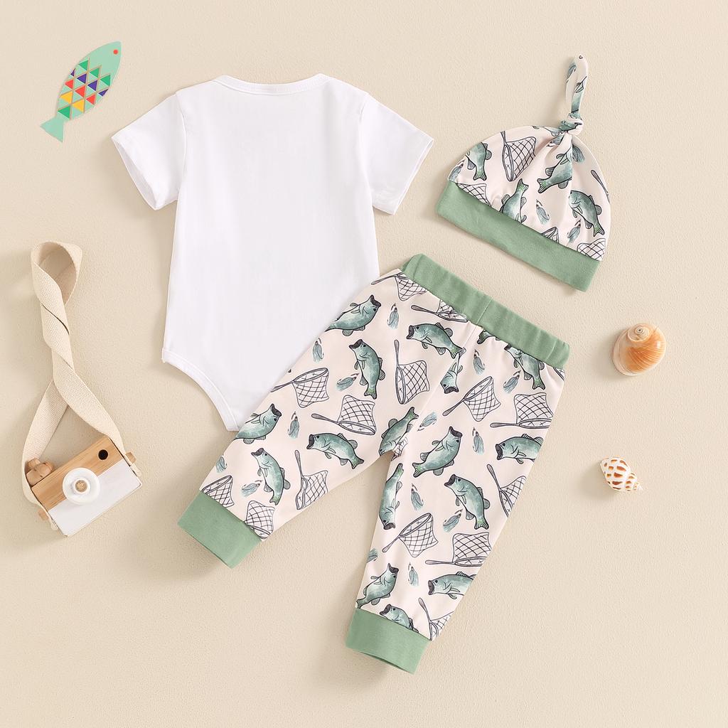 Baby Boy Summer Outfit Letter Print Short Sleeve Romper with Fish Pattern Pants and Hat