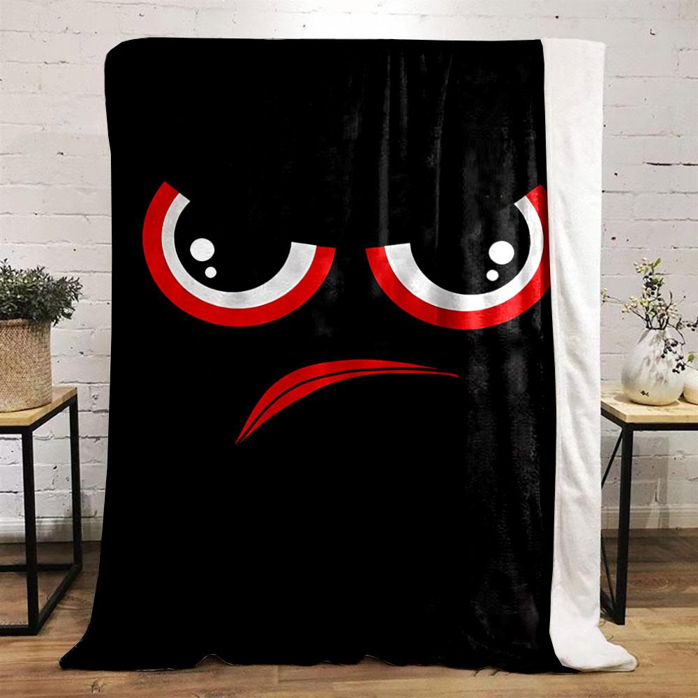 Red and white angry eyes with an arched red frown on a black background. for all seasons blanket lunch break throw gift
