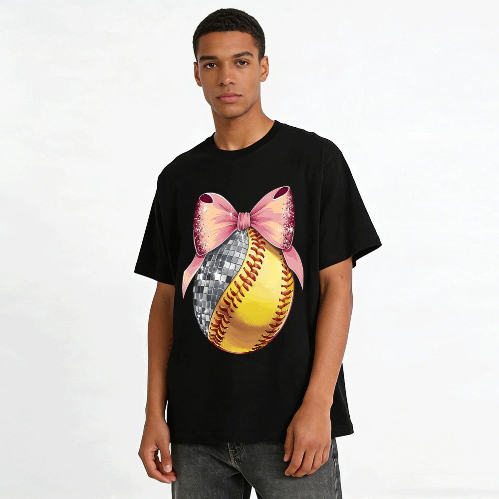 Disco Ball Softball Print Tee with Pink Glitter Bow Design Pure Cotton T-shirt