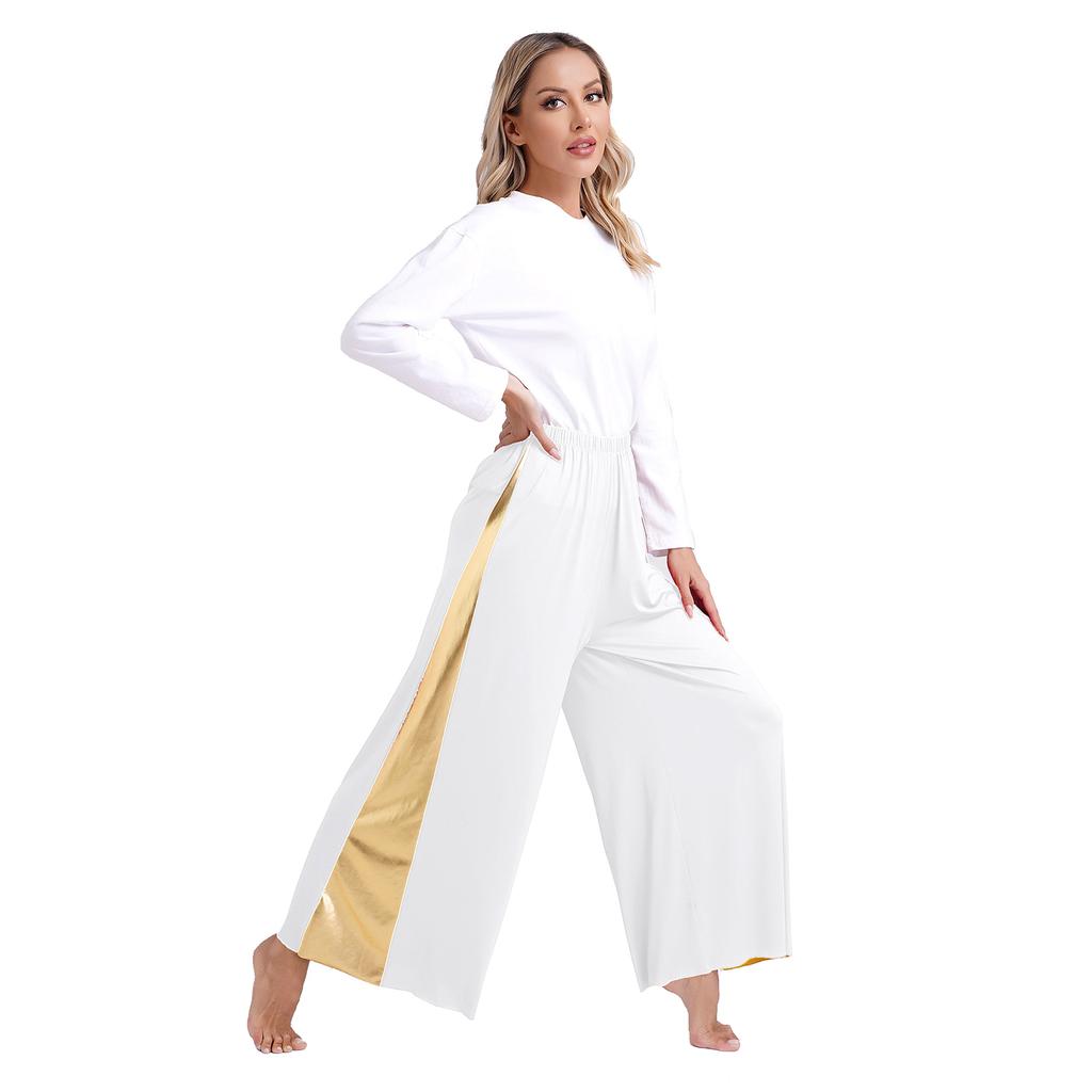 Women's Christian Dance Costume - Asymmetrical Metallic Dress with Wide-Leg Pants, Long Sleeve Worship Performance Wear