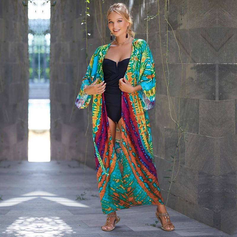 EDOLYNSA Bohemian Badeanzug Cover Up Retro Streifen Selbst Gürtel Frauen Sommer Kleidung Lange Kimono Kleid Beachwear Bikini Cover-ups Q1521