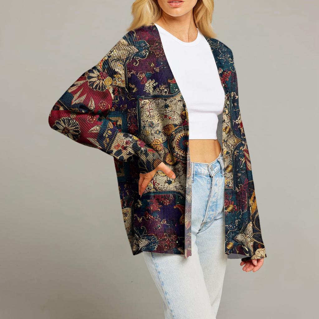 Women's Fashion Long Sleeve Print V-Neck Button Loose Cardigan Top