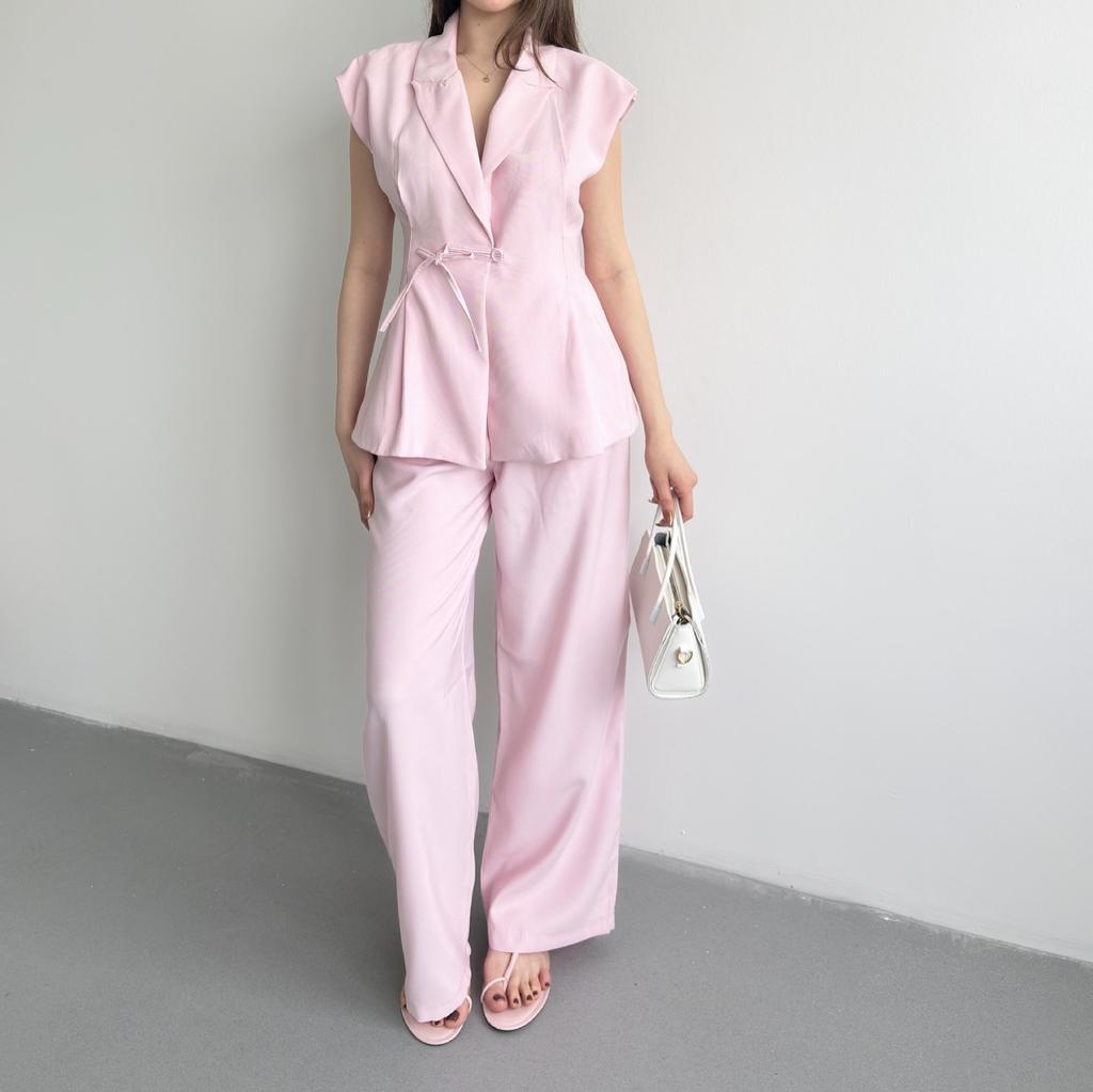 European and American women's clothing new V-neck drawstring waist slim top high waist wide leg pants commuter suit