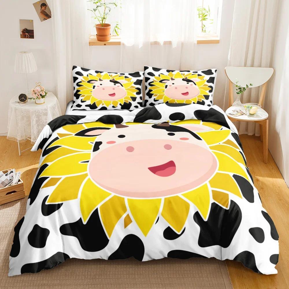 Cute Cow Print Kawaii Highland Cow Bedding Set Single Twin Double Queen King Cal King Size Bed Linen Set
