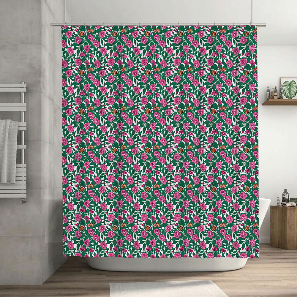 Green Floral Pattern Waterproof Shower Curtain Bathroom Decor Accessory With Hooks Pink Flowers On Green Background, Modern Desi