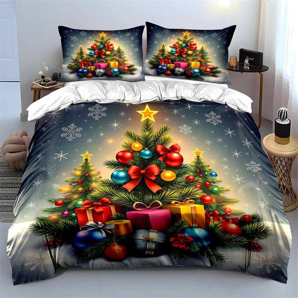 Christmas Tree & Gifts Scene Bedding Duvet Cover Set Duvet Cover Pillowcases  (1*Duvet Cover 2*Pillowcases, without duvet insert)