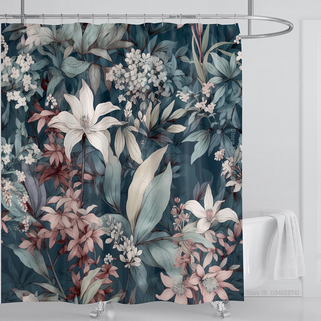 Aquatic Plants Floral Shower Curtain Waterproof Shower Curtain Polyester Fabric 3D Printed Curtain Bathroom Decoration With Hook