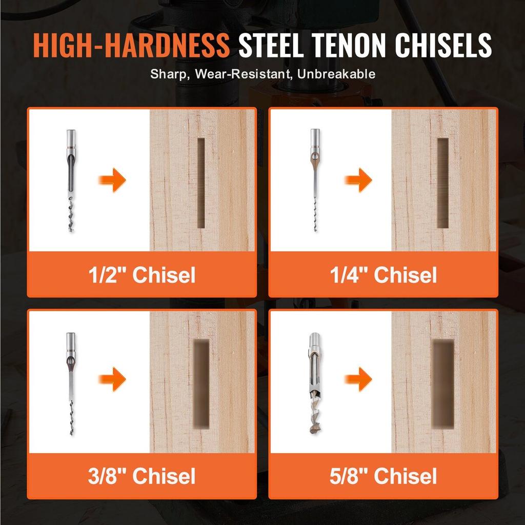 Mortising Attachment for Drill Press, 4 Model Drills Square Hole Chisel Set, Bench Drill Locator Set Mortise and Tenon Tools with 5 Bushings, for