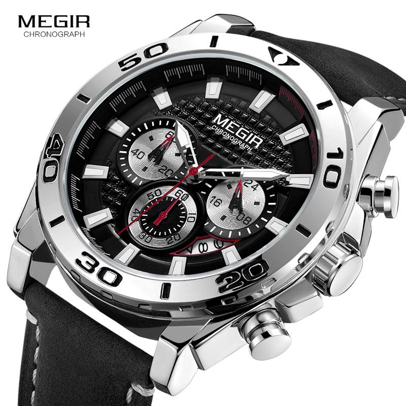 Fashion Megir Top Brand Men's Army Sports Chronograph Quartz Leather Luminous Waterproof Man Relogios 2094 Silver & Gold Watches