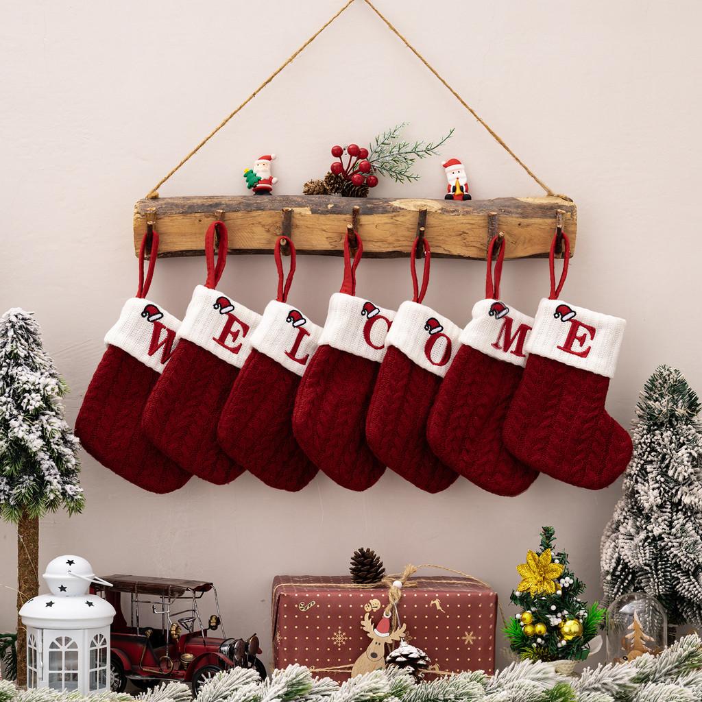 Exquisite Red Knitted Christmas Stockings With Embroidered Letter Designs For Festive Decor