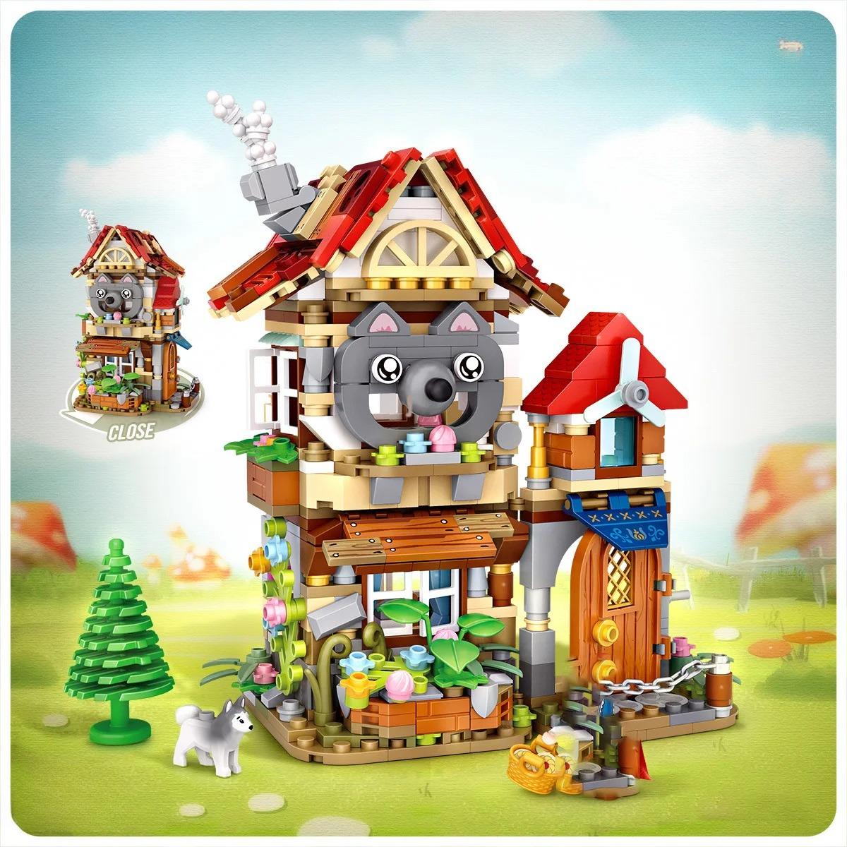 Fairy tale forest cottage building wooden house dwarf house model kit children childhood building block toy