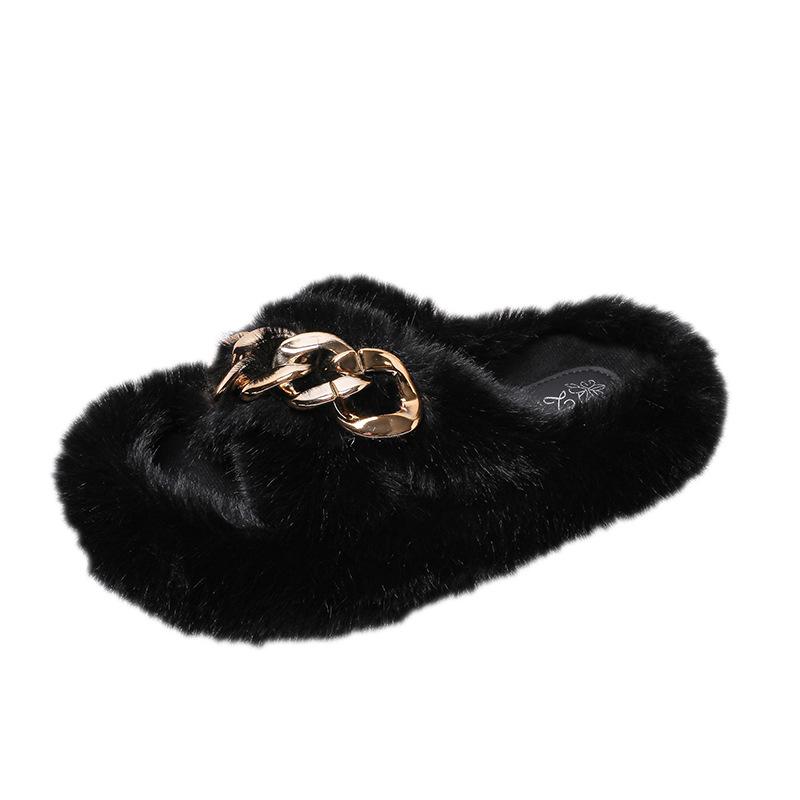 European Mao Mao Slippers Women Wear High Sense 2025 New Spring and Summer Internet Celebrity Flat Bottom Chain Home Plush Slippers
