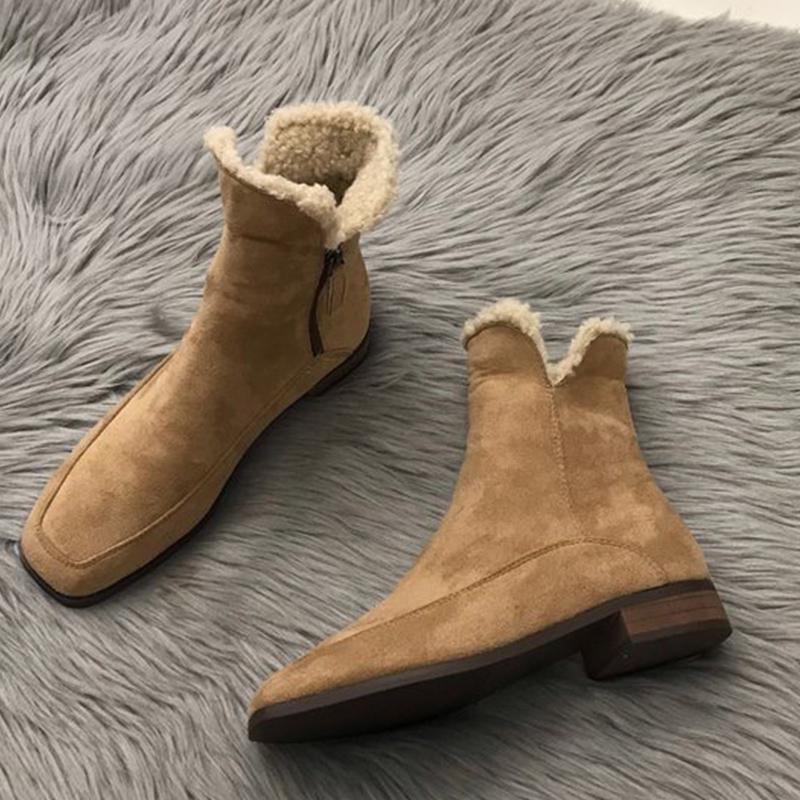 Suede Fur Women Flats Snow Ankle Boots Square Toe Short Plush Winter Cotton Shoes 2025 Trend Walking Warm Cozy Botas De Mujer