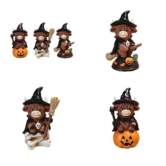 Highland Cow Figurine, Halloween Witch Pumpkin Skull Cow Statue, Resin Scottish Ornament for Calf Lovers, Shelf, Tiered Tray, Mantel, Tabletop Decor
