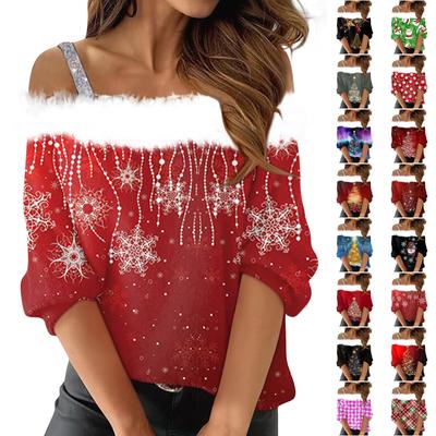 Moda Mujer Manga Larga Sin Tirantes Un Hombro Navidad Estampado Fiesta Felpa Cuello Top