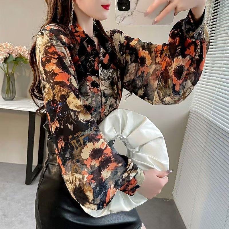 Retro Women's Printed Shirt Slim-fit Lantern Sleeve Floral Shirt Collared Chiffon Shirt Spring