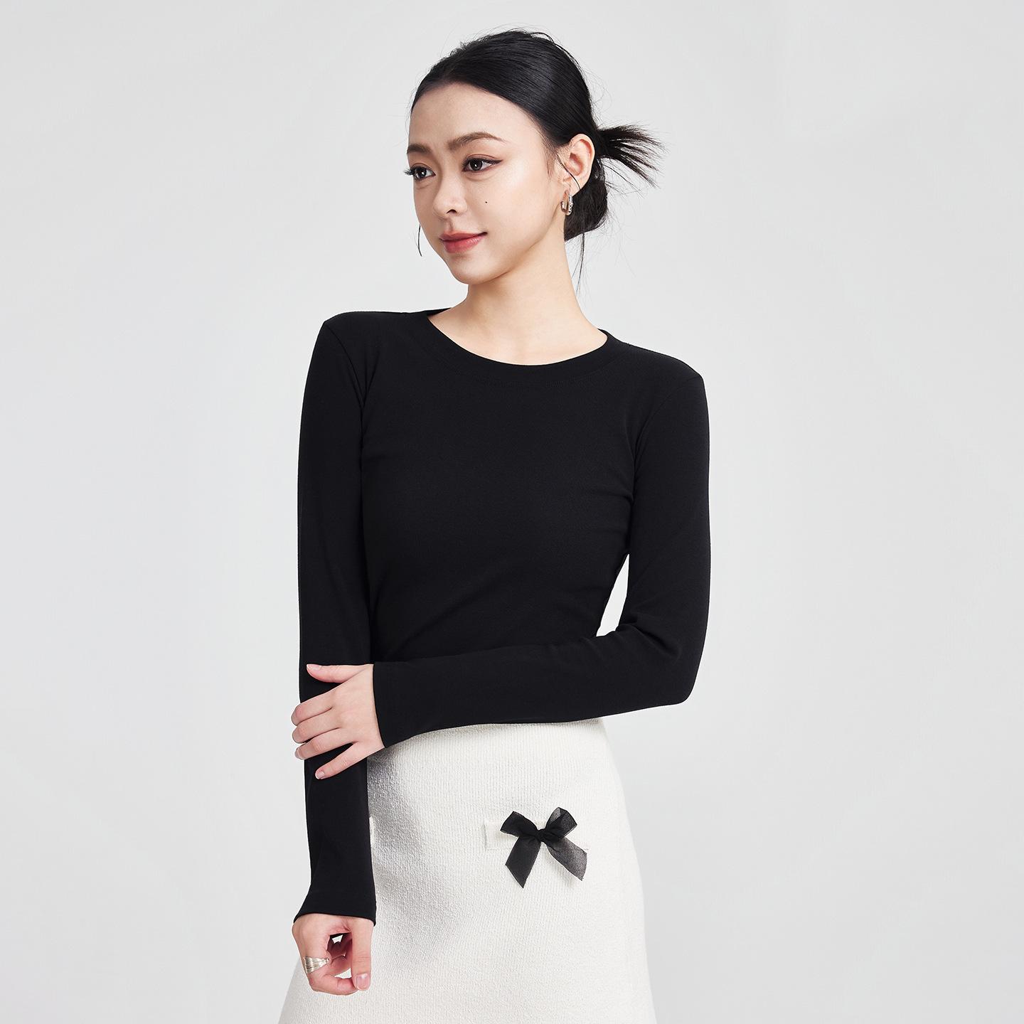 

She Exhibition Women s Cotton Round Neck Long Sleeve T-shirt, 2025 Autumn/Winter Style Base Layer Top. M