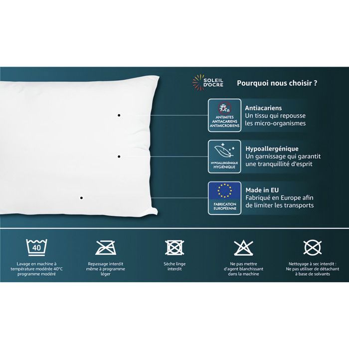 Oreiller anti-acarien LUXE 50x70 cm, par Soleil d'ocre