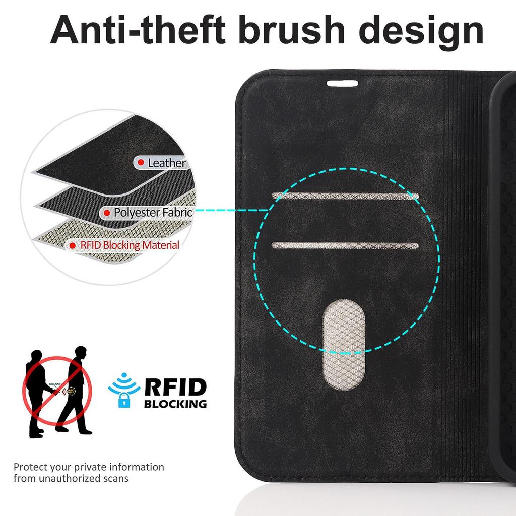 iPhone 15 Anti-Theft Leather Case with MagSafe, Wireless Charging, and Card Holder