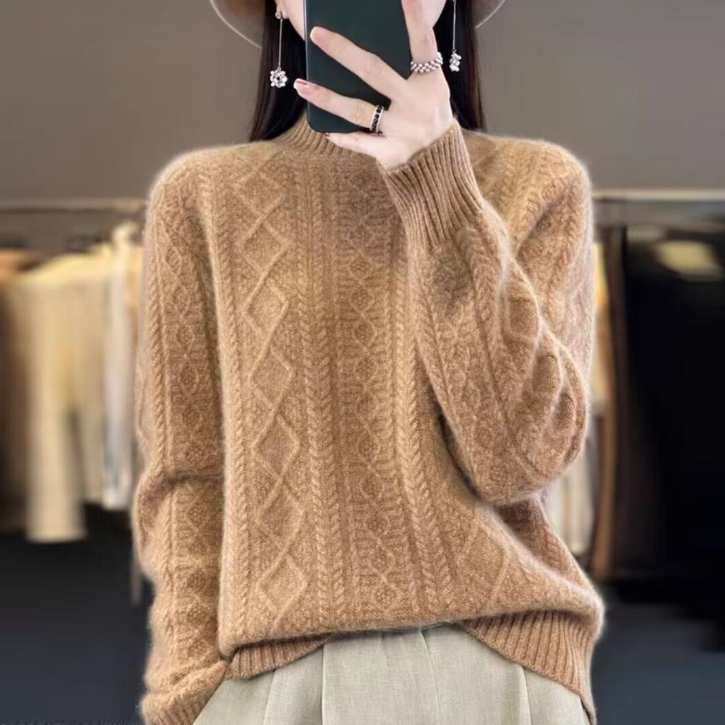Women Half-high Neck Sweater 2025 Spring Winter New Thickened Foreign Fashion Loose Twisted Flowers Long-sleeved Knitted Bottoming Tops