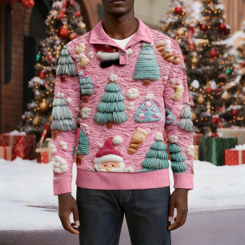 Erkek Noel Pamuklu Kazak Uzun Kollu Dış Giyim Gömleği Vintage Kadife Düğmeli Dik Yaka Gömlek Günlük Sweatshirt Noel Baskılı Üst