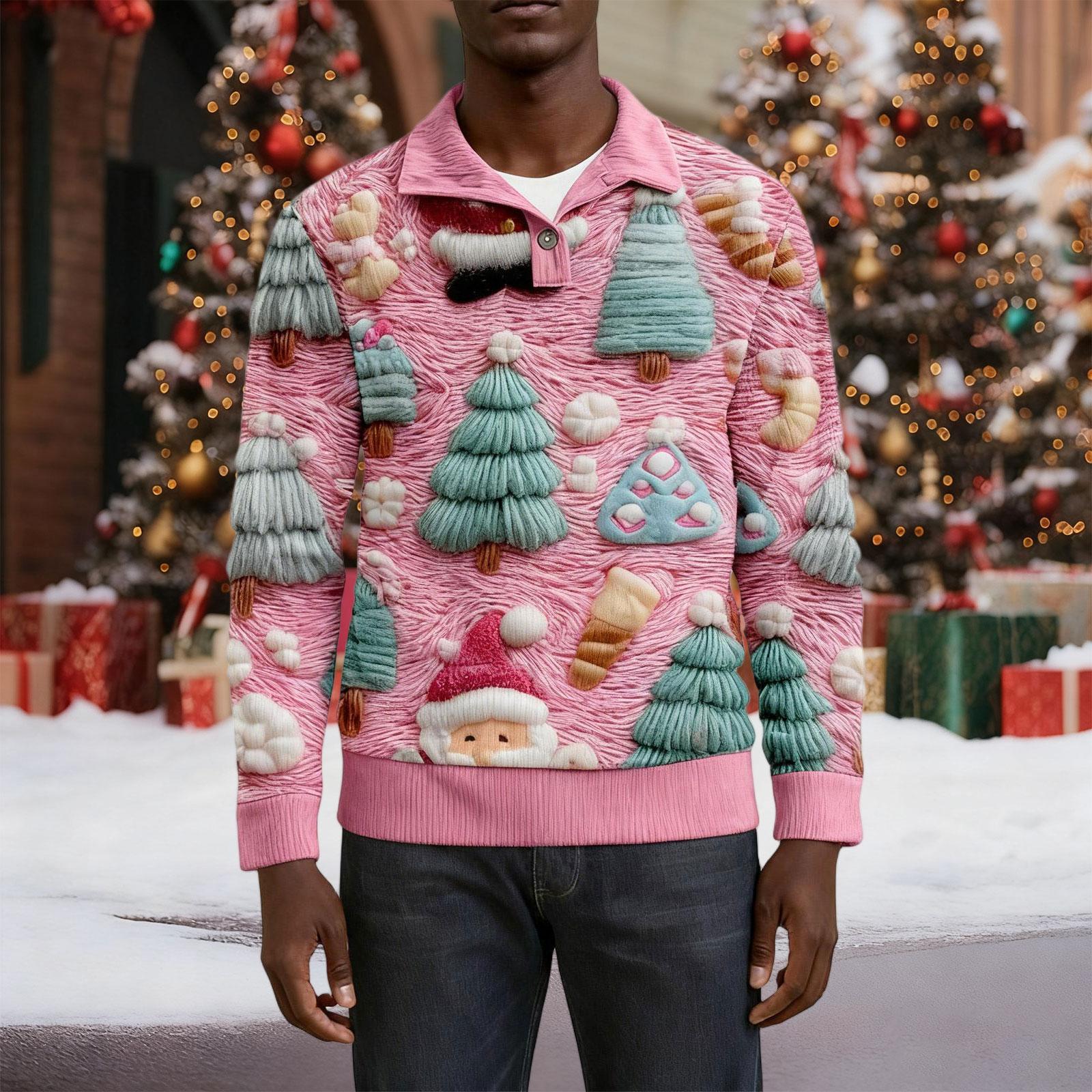 

Чоловічий різдвяний бавовняний пуловер з довгим рукавом, вулична сорочка, вінтажна вельветова сорочка з коміром-стійкою, повсякденний світшот з різдвяним принтом M рожевий