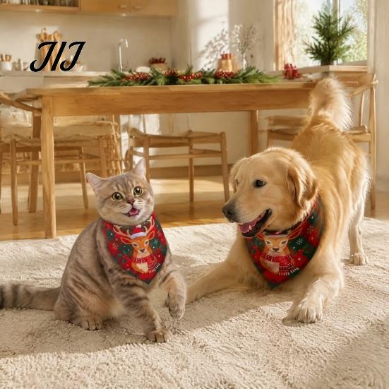 Breathable Pet Neckerchief Christmas Dog Bandana, Triangular Scarf, Snowman Tree Patterns, Bandana Adjustable Bib for Cats, Small Medium Dogs Washable
