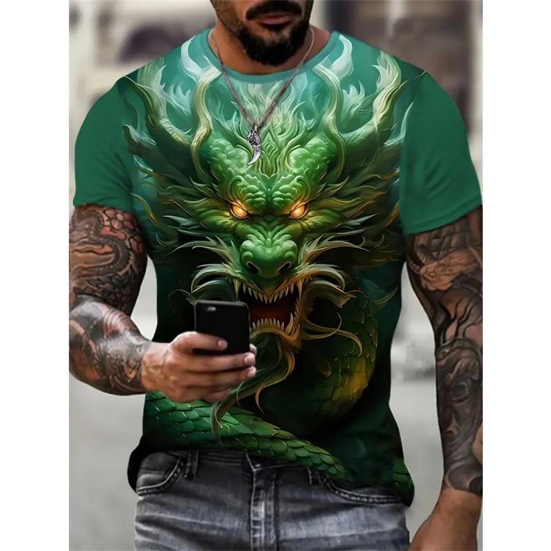 Vintage Chinese Loong Pattern T-Shirt for Men Dragon Skull 3D Printed T Shirts Summer Loose Street Tops O-Neck Short Sleeve Tees