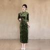 Green golden velvet new Chinese long-sleeved autumn cheongsam seven-quarter-sleeved improved young women's high-end sense spring and autumn