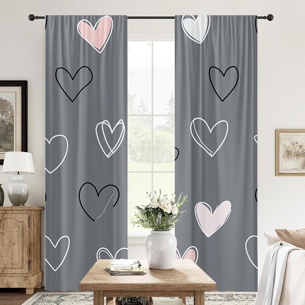 2pcs Heart Print Curtains Pink White Black Love Pattern Romantic Style Polyester Window Drapes for Bedroom Living Room