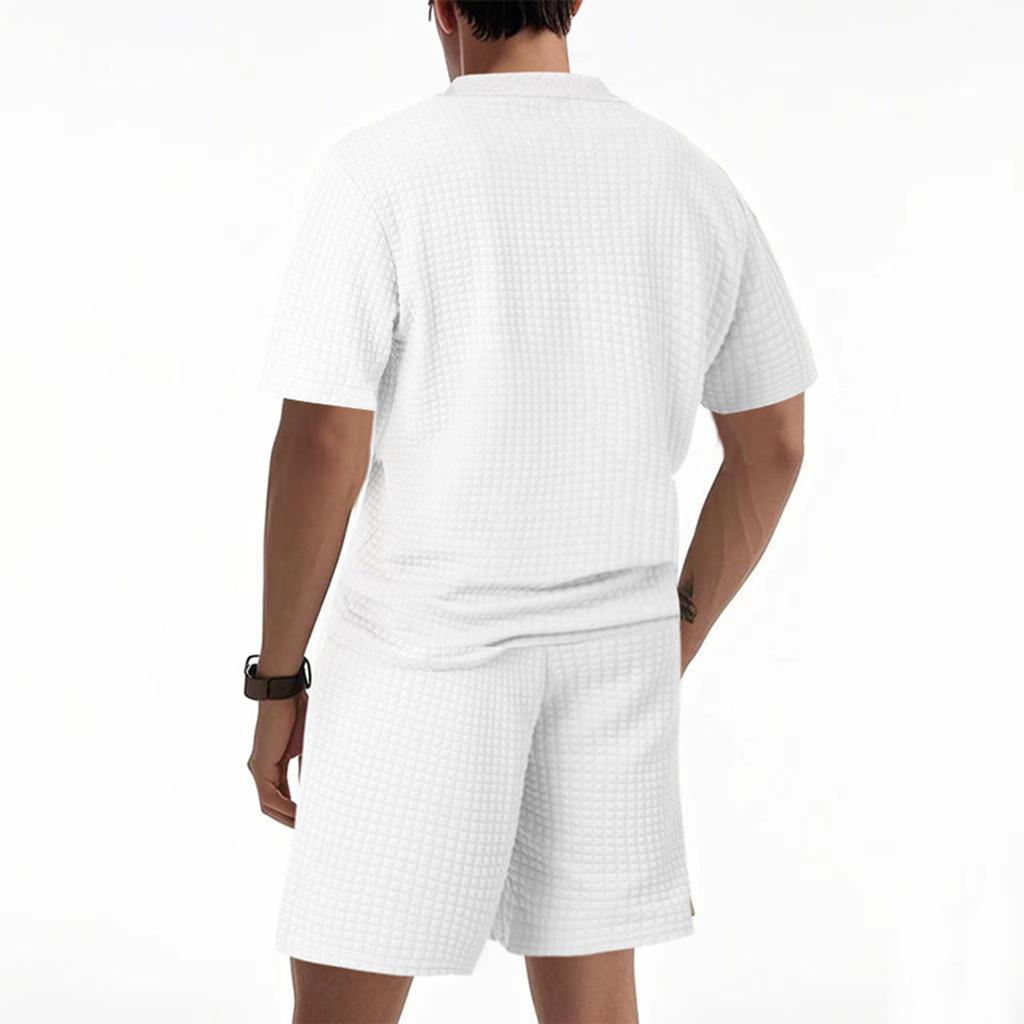 Set de două piese pentru bărbați, culoare solidă, casual, cu guler rotund, mânecă scurtă, pantaloni scurți