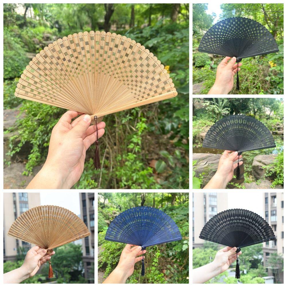 Chinese Style Folding Bamboo Fan Solid Color Portable Tassel Folding Fan Exquisite Classical Kimono Fan Hanfu Accessories