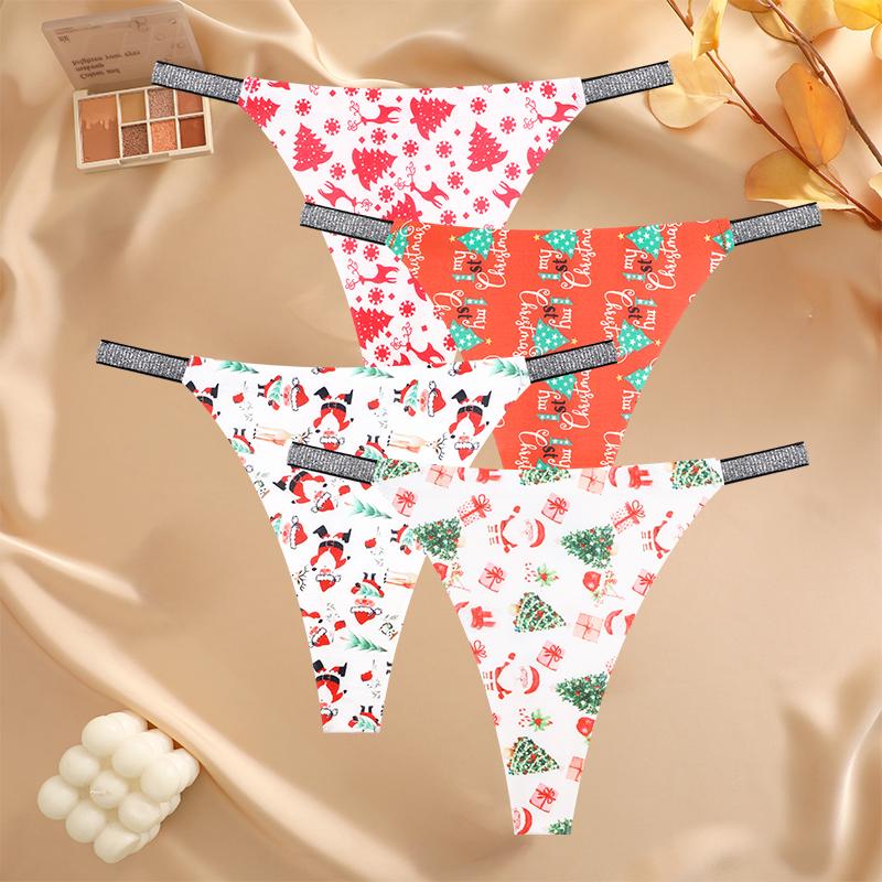 FINETOO 4Pcs Snowflake Santa Claus G-String Sexy Breathable Women's Underwear Low Waist Thong Merry Christmas Panties Diamonds