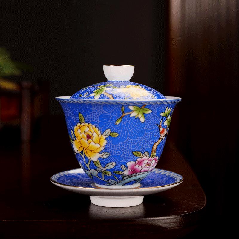 Court Style Cloisonné Enamel Sancai Gaiwan Ceramic Kung Fu Tea Set with Handmade Filigree Pahua Brewing Bowl