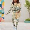 Women Plus Size Striped Printed Round Neck Long Sleeve Top And Fitted Pants Two Piece Set