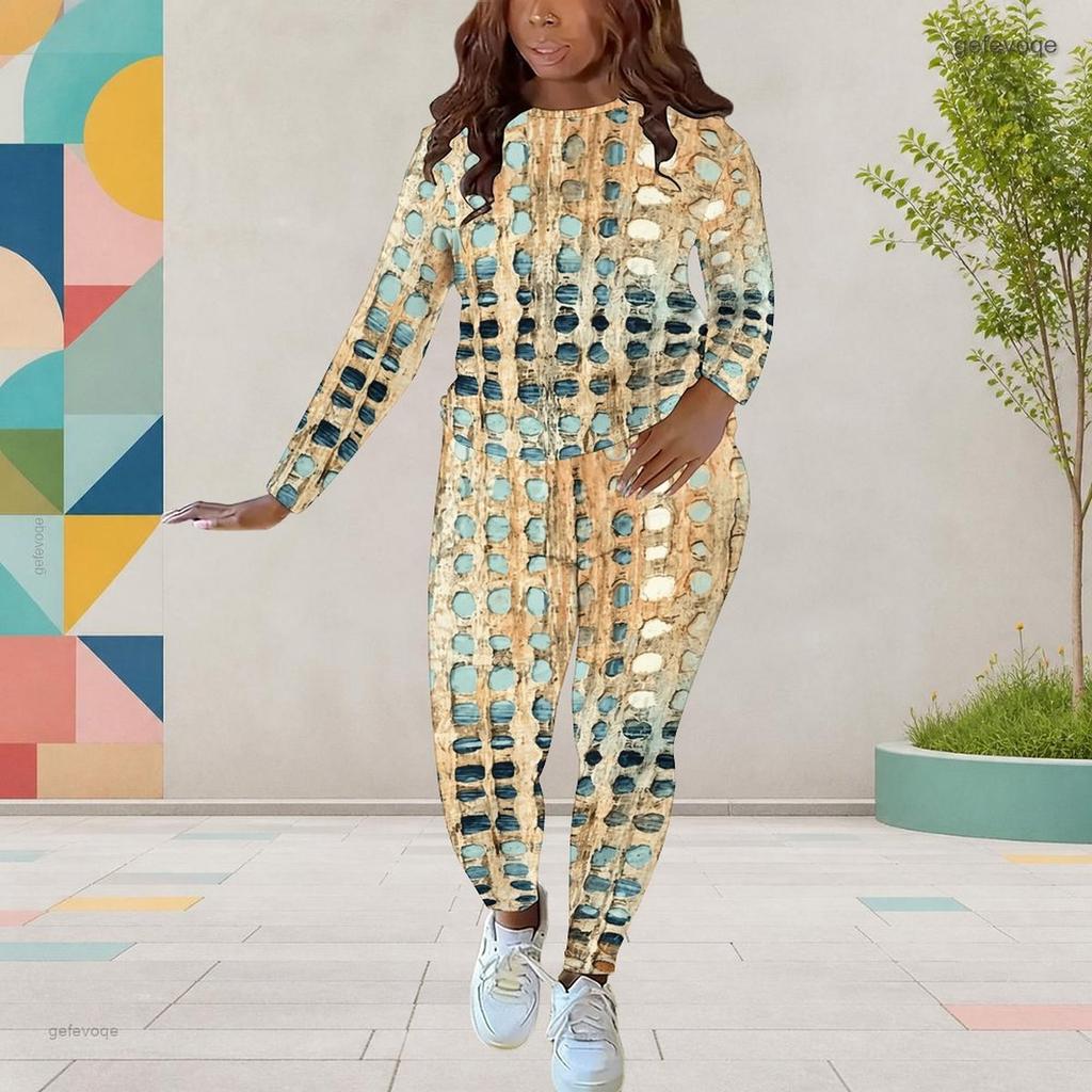 Women Plus Size Striped Printed Round Neck Long Sleeve Top And Fitted Pants Two Piece Set