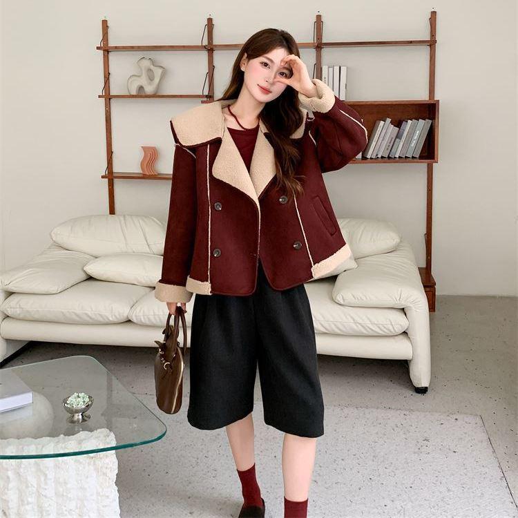 Khaki Fleece-Lined Shearling Coat: 2024 Winter Street Style Big Lapel Biker Jacket