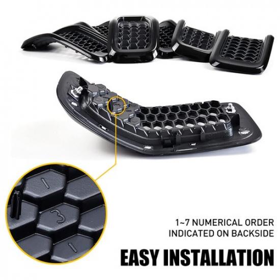 Black Mesh Honeycomb Chrome Ring Front ert Grille For 2014-2018 Jeep Cherokee