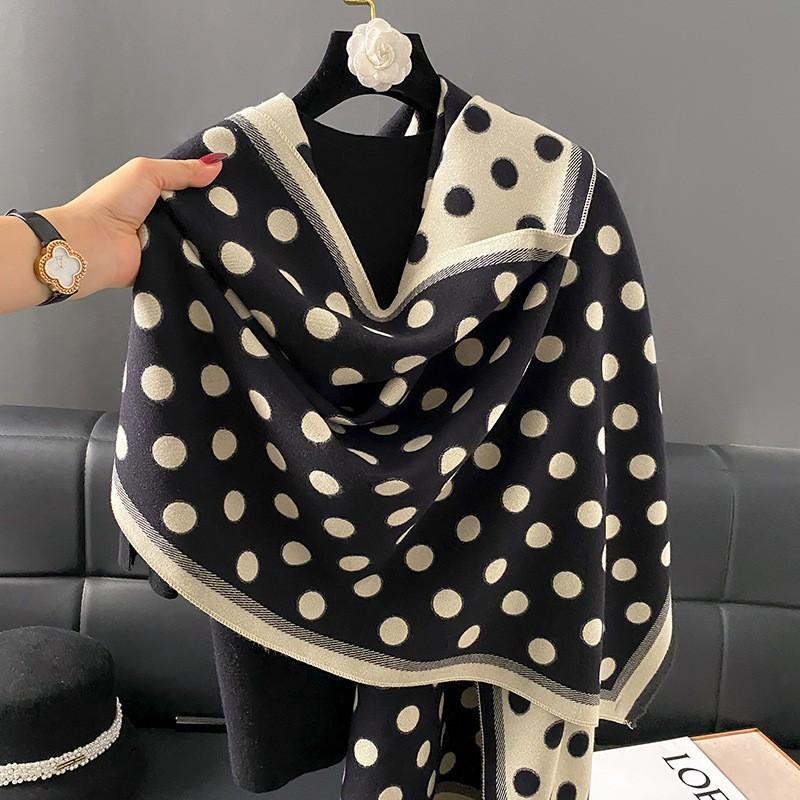 Womens Winter Knitted Scarf Wrap With Polka Dot Double-Sided Thick Warm Shawl Daily Wear