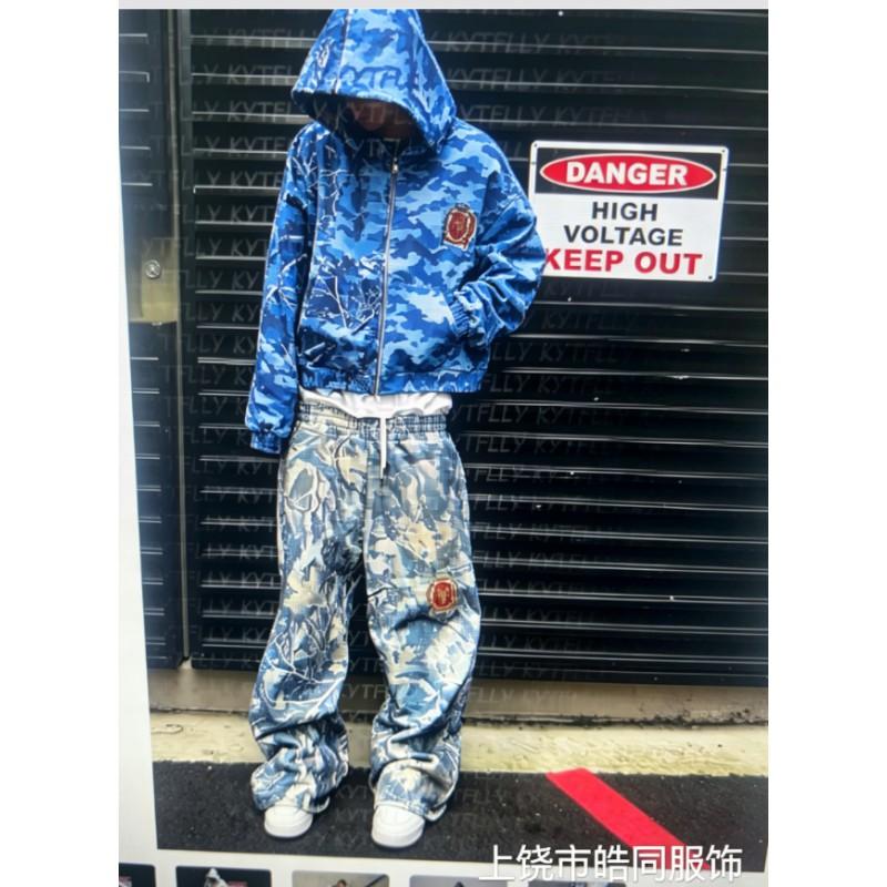 Oversized Y2K Streetwear Hoodie Set With Contrast Camo Print Loose Fit Sweatshirt Straight Leg Pants Teens