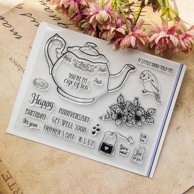 Teetasse, Vogel, Blume, Worte, transparent, klar, Silikonstempel für Siegel, DIY, Scrapbooking, Fotoalbum